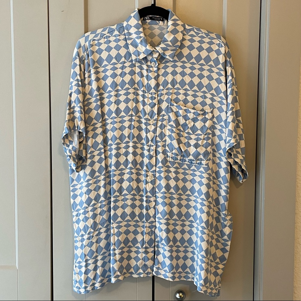 Zara blue and cream printed silk shirt
